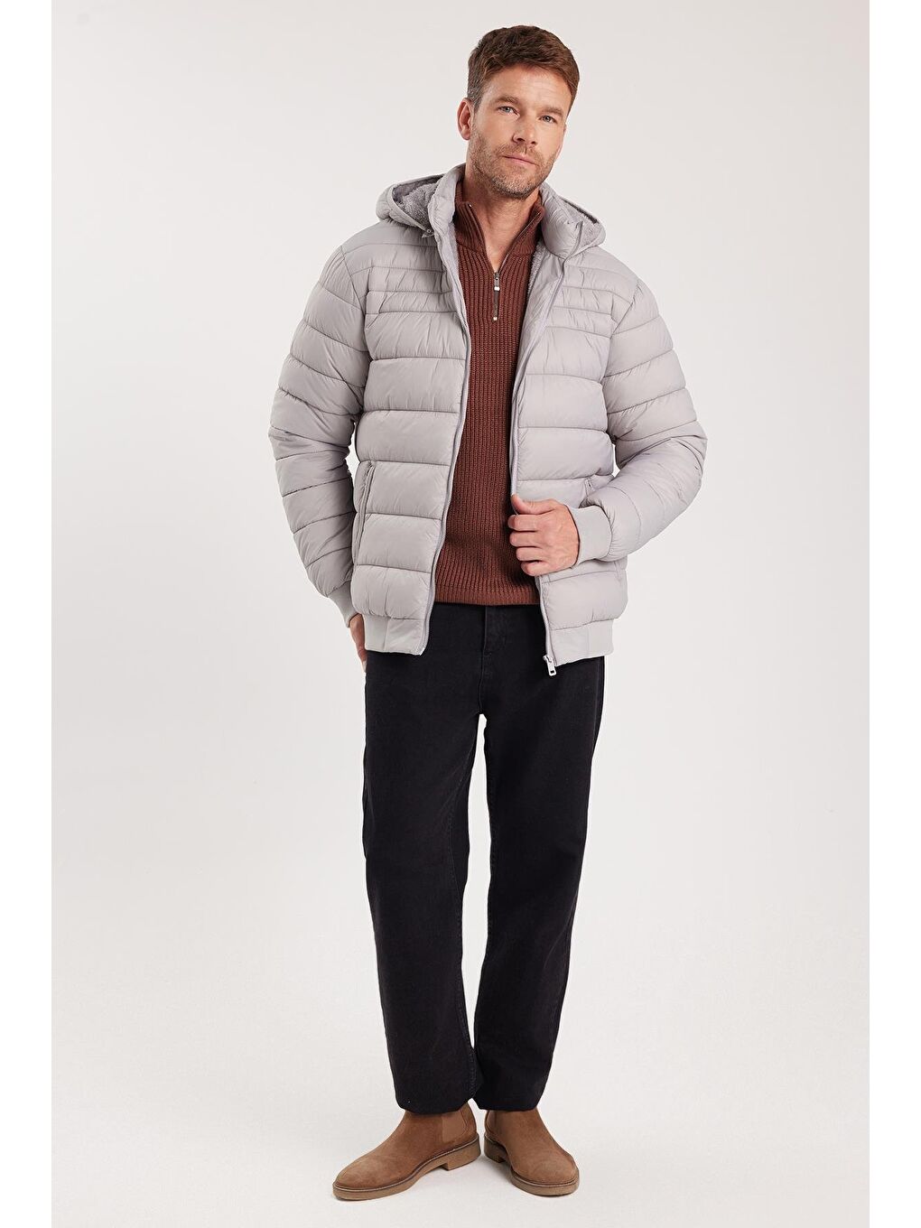 Erkek Relax Fit Rahat Kesim Çift Cepli Kapüşonlu Sıcak Tutan İçi Kürklü Gri Mont-4