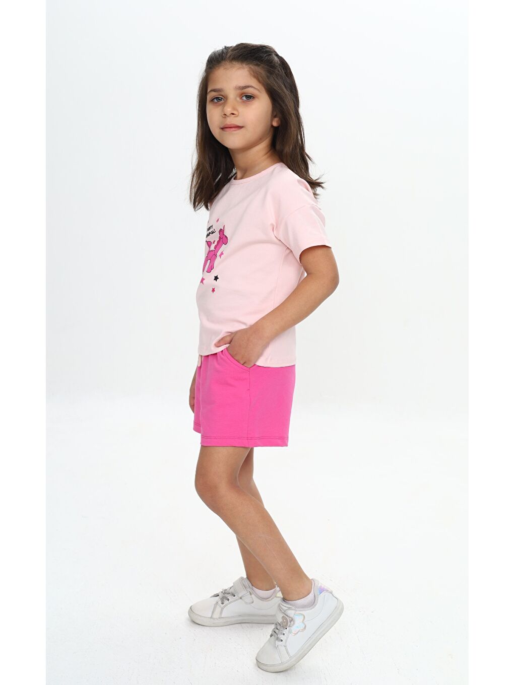 Fuşya Kız Çocuk Anımal Balon Baskılı Şortlu Takım-1