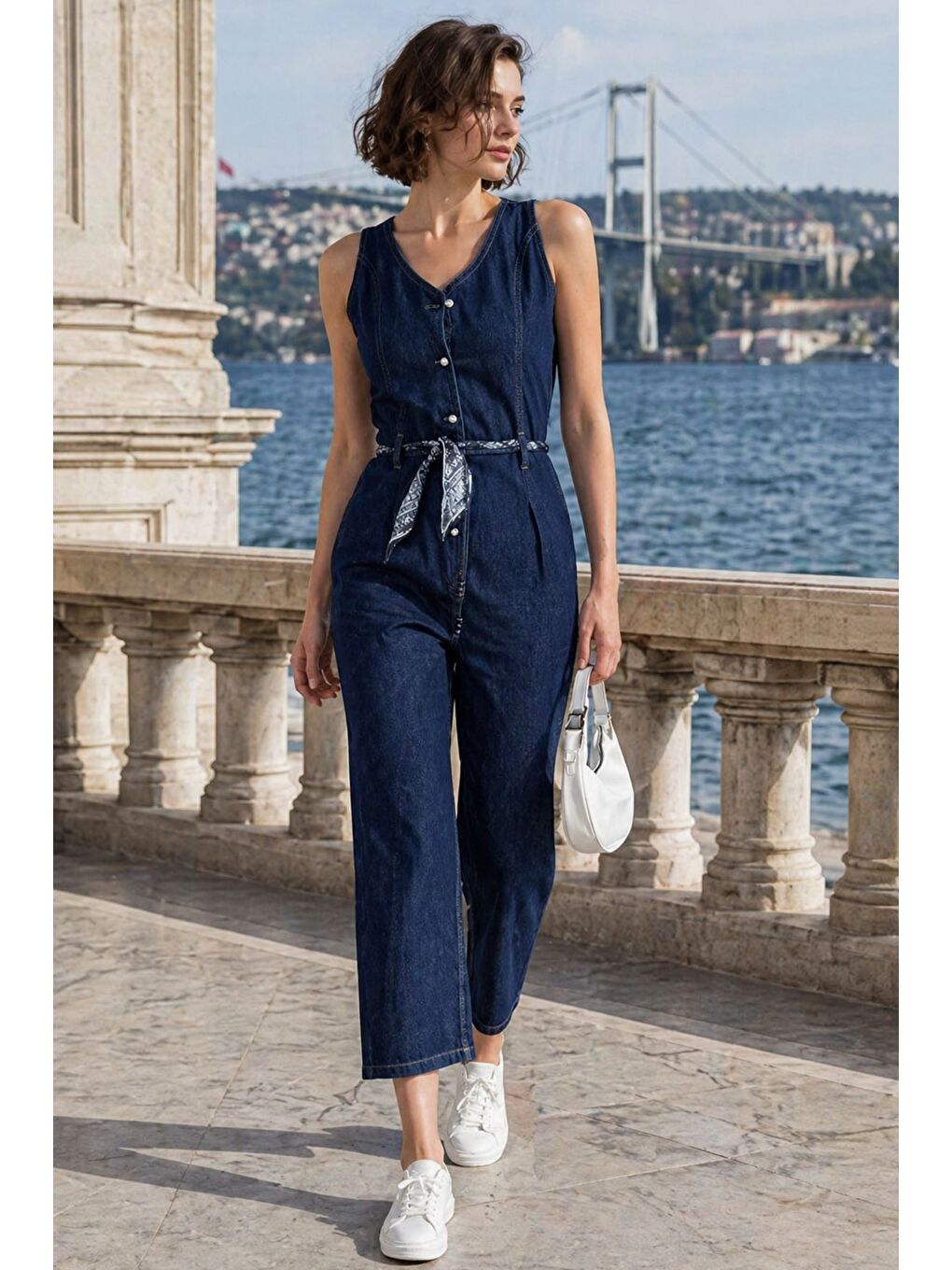 Lacivert Kadın Ön Düğmeli Fular Aksesuarlı Jean Tulum