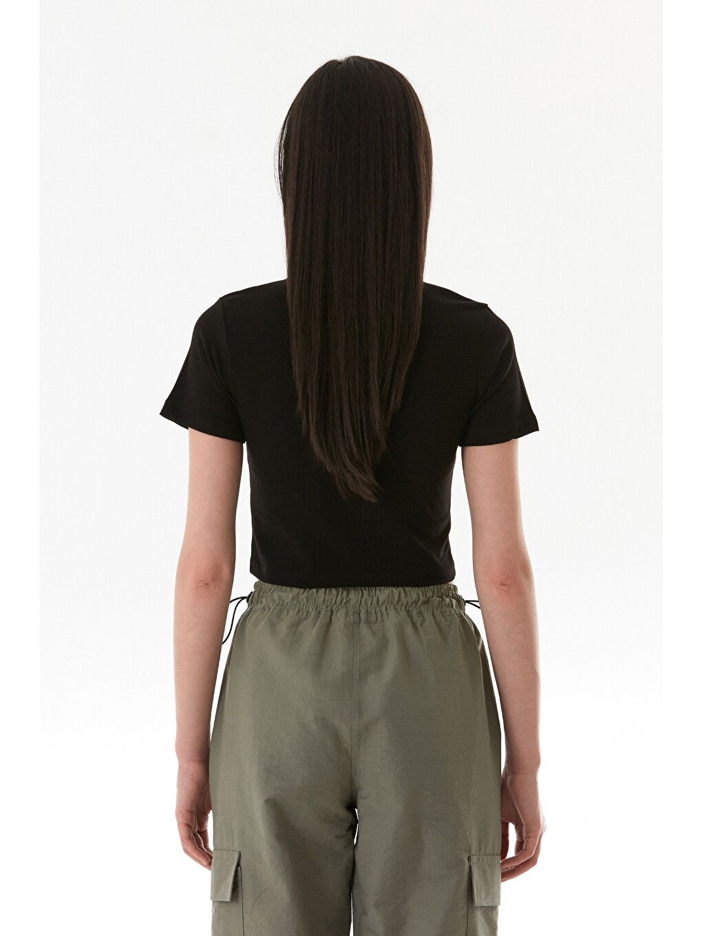 Siyah Basic Bisiklet Yaka Crop Tişört-1