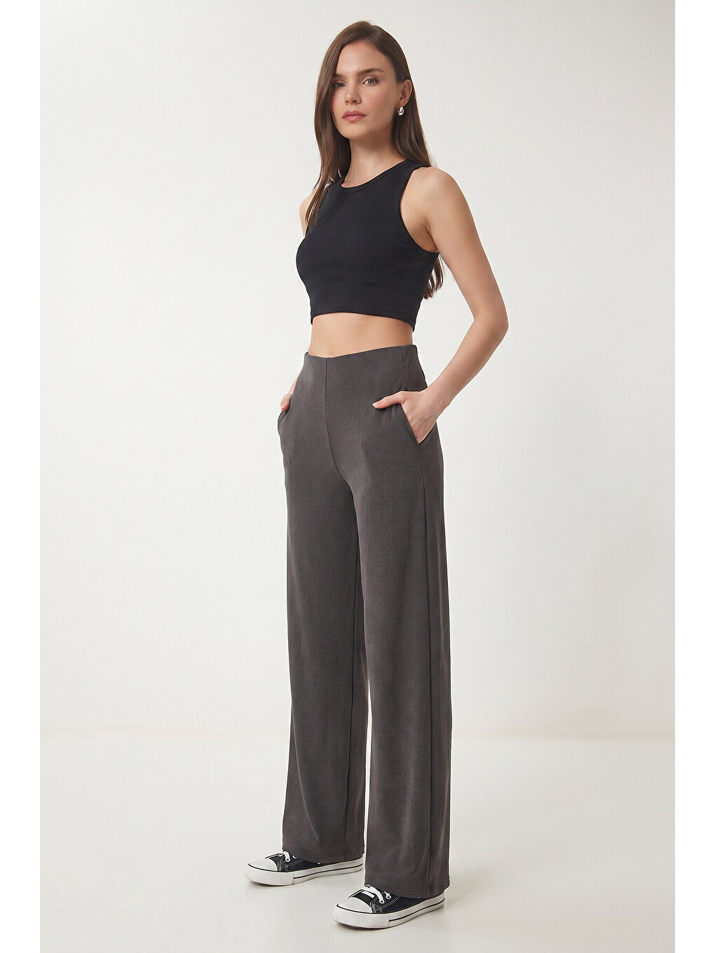 Antrasit Geniş Paça Fitilli Modal Pantolon ANTRASİT LUB0348
