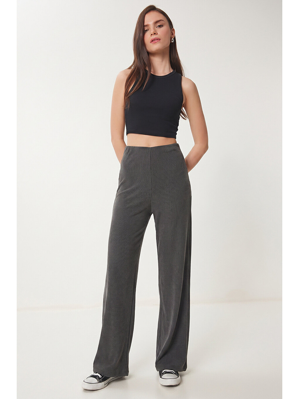 Antrasit Geniş Paça Fitilli Modal Pantolon ANTRASİT LUB0348-1