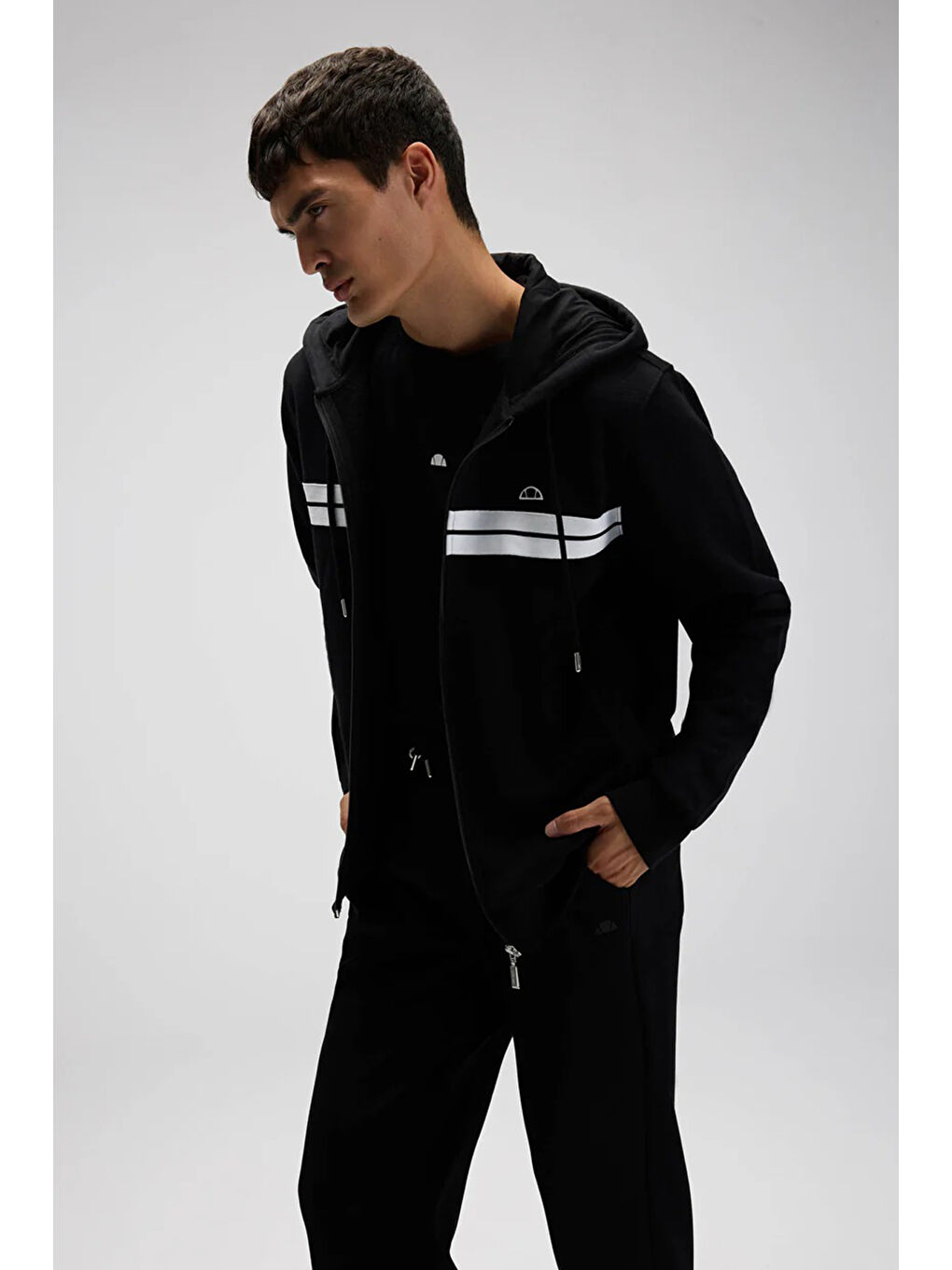 Siyah Şerit Detaylı Pamuklu Regular Fit Kapüşonlu Sweat EM617-BK-3