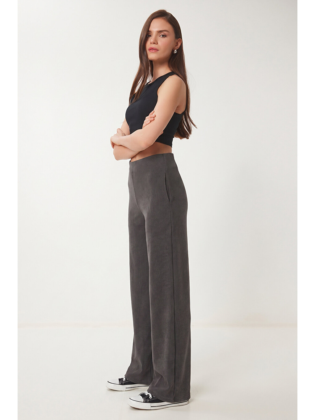 Antrasit Geniş Paça Fitilli Modal Pantolon ANTRASİT LUB0348-3