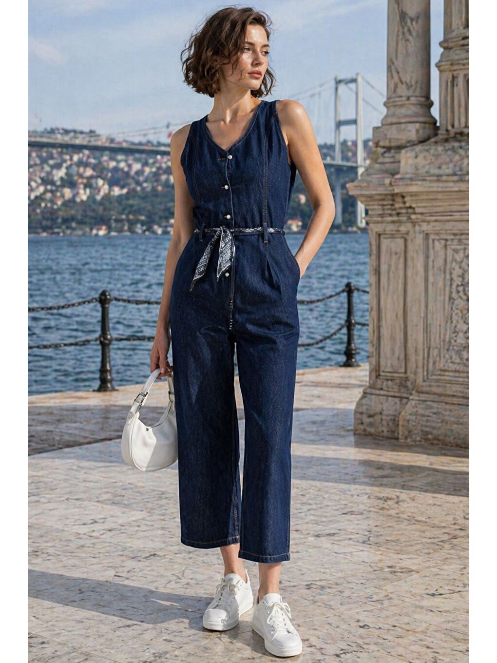 Lacivert Kadın Ön Düğmeli Fular Aksesuarlı Jean Tulum-1