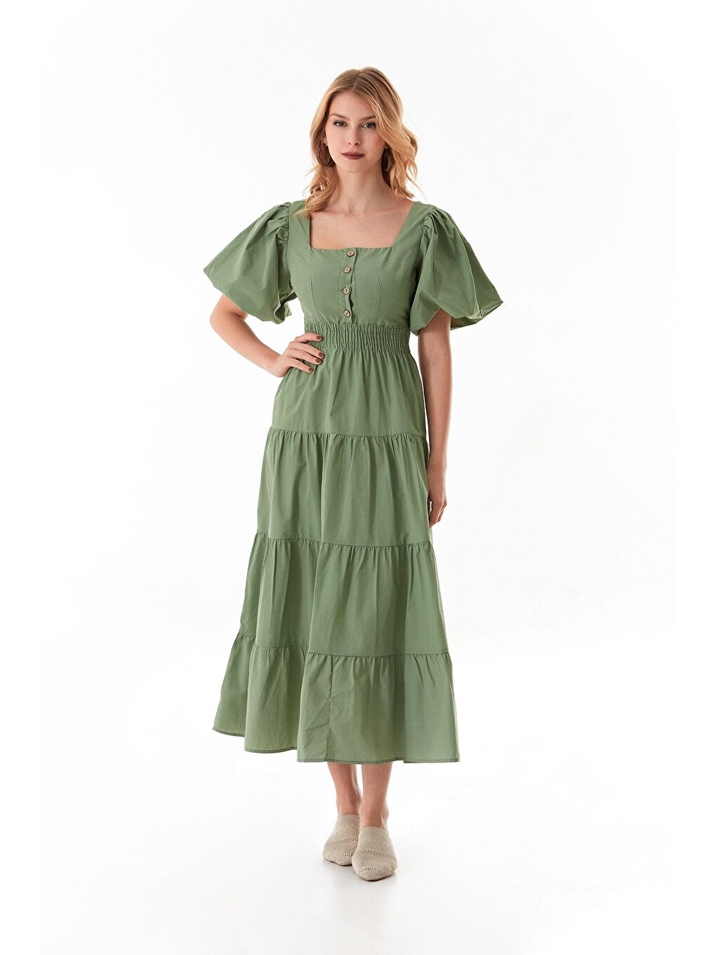 Haki Beli Lastikli Sırtı Dekolteli Balon Kol Elbise