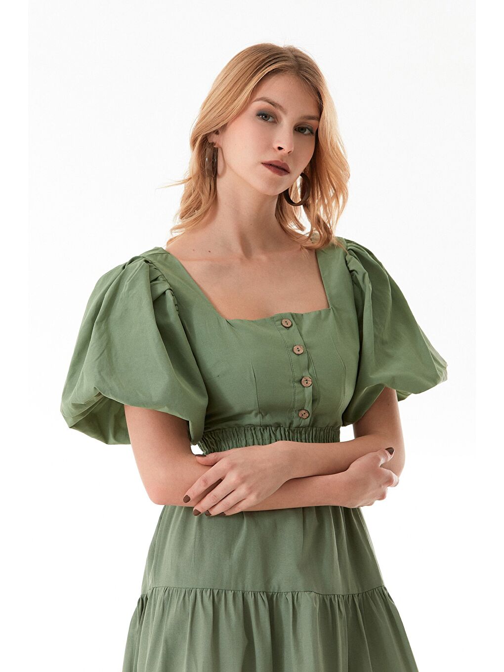 Haki Beli Lastikli Sırtı Dekolteli Balon Kol Elbise-1