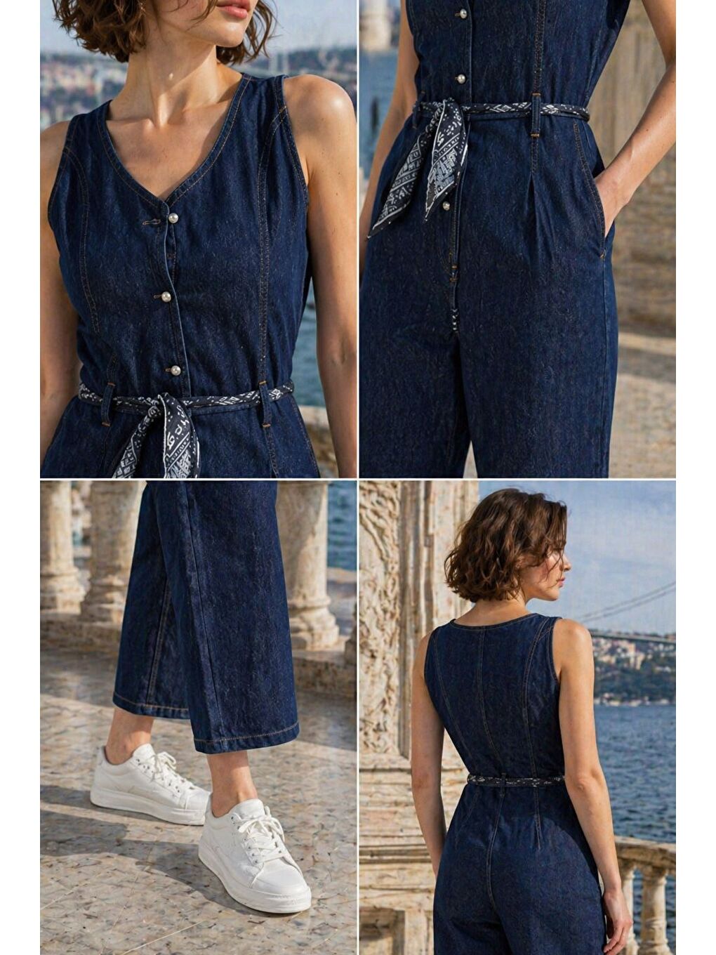 Lacivert Kadın Ön Düğmeli Fular Aksesuarlı Jean Tulum-2