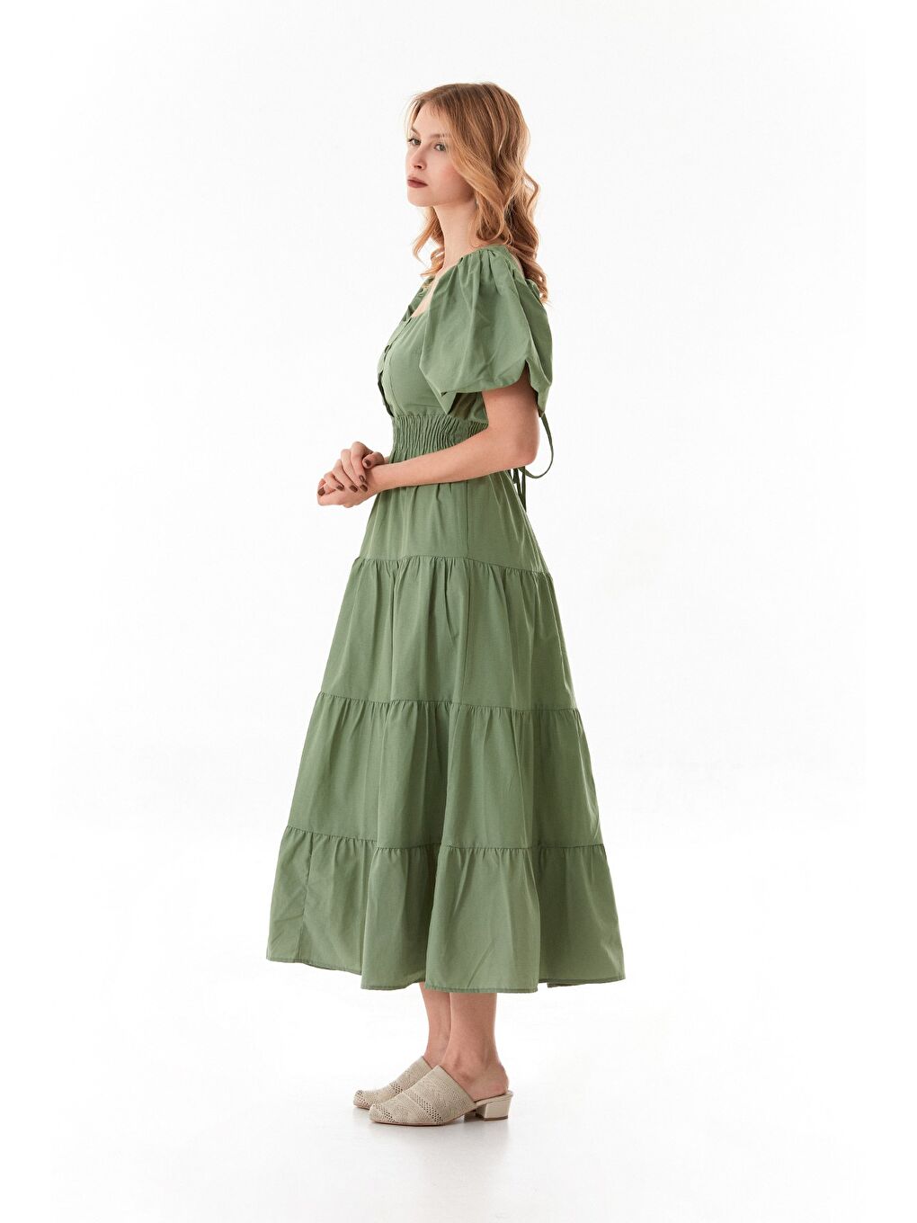 Haki Beli Lastikli Sırtı Dekolteli Balon Kol Elbise-2