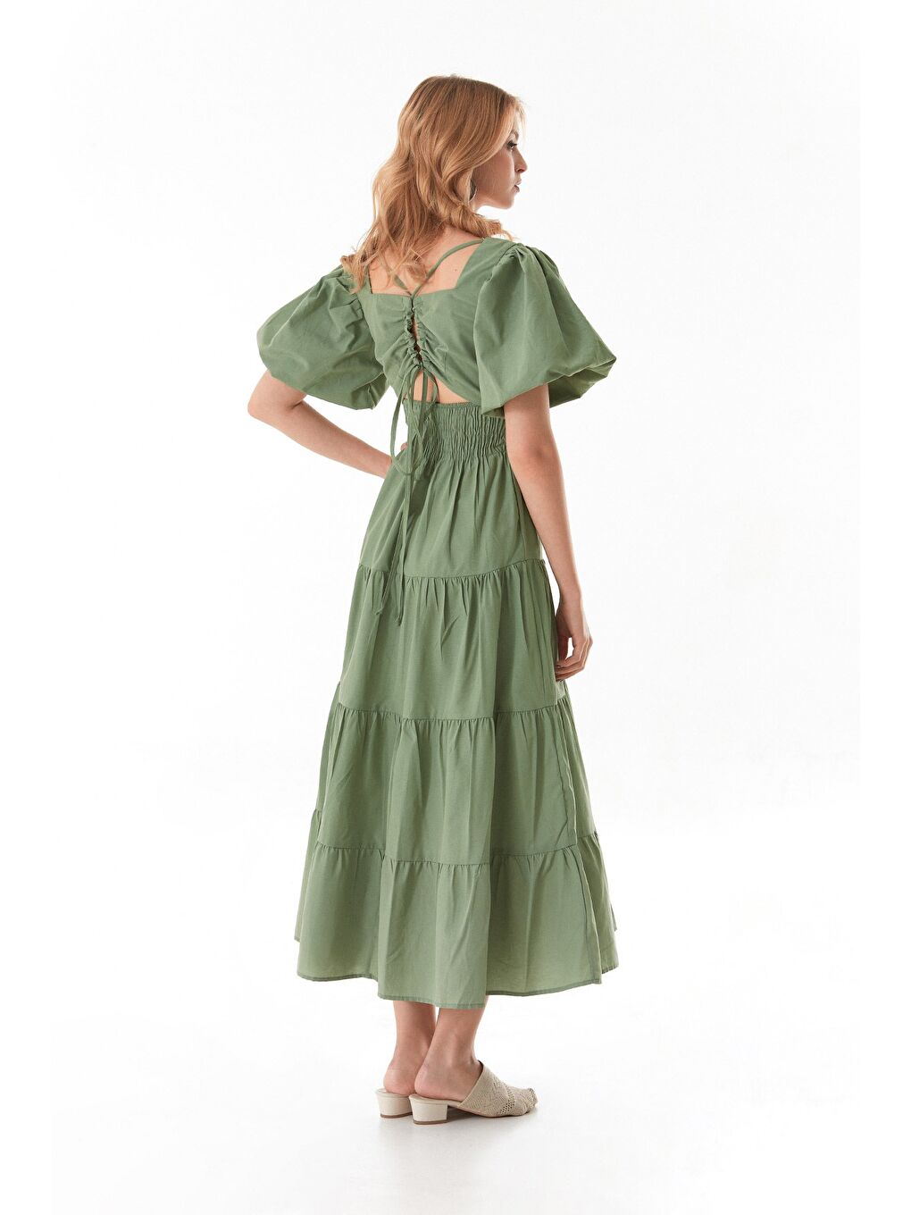 Haki Beli Lastikli Sırtı Dekolteli Balon Kol Elbise-3