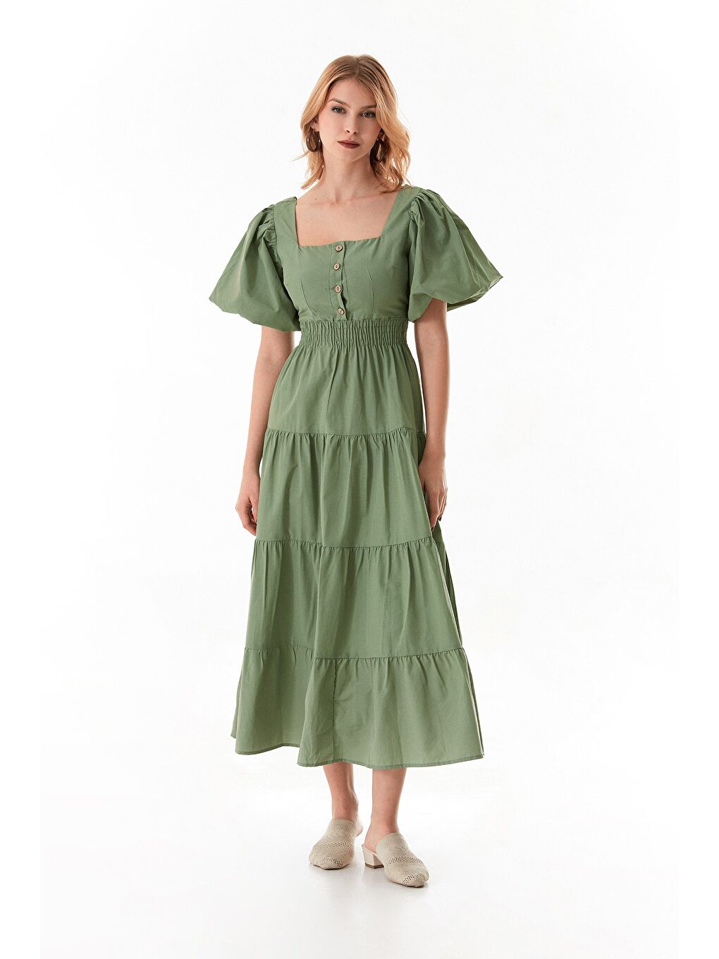 Haki Beli Lastikli Sırtı Dekolteli Balon Kol Elbise-4