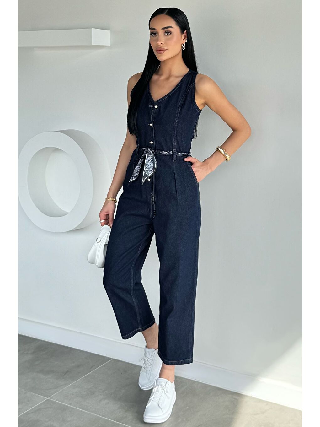 Lacivert Kadın Ön Düğmeli Fular Aksesuarlı Jean Tulum-3
