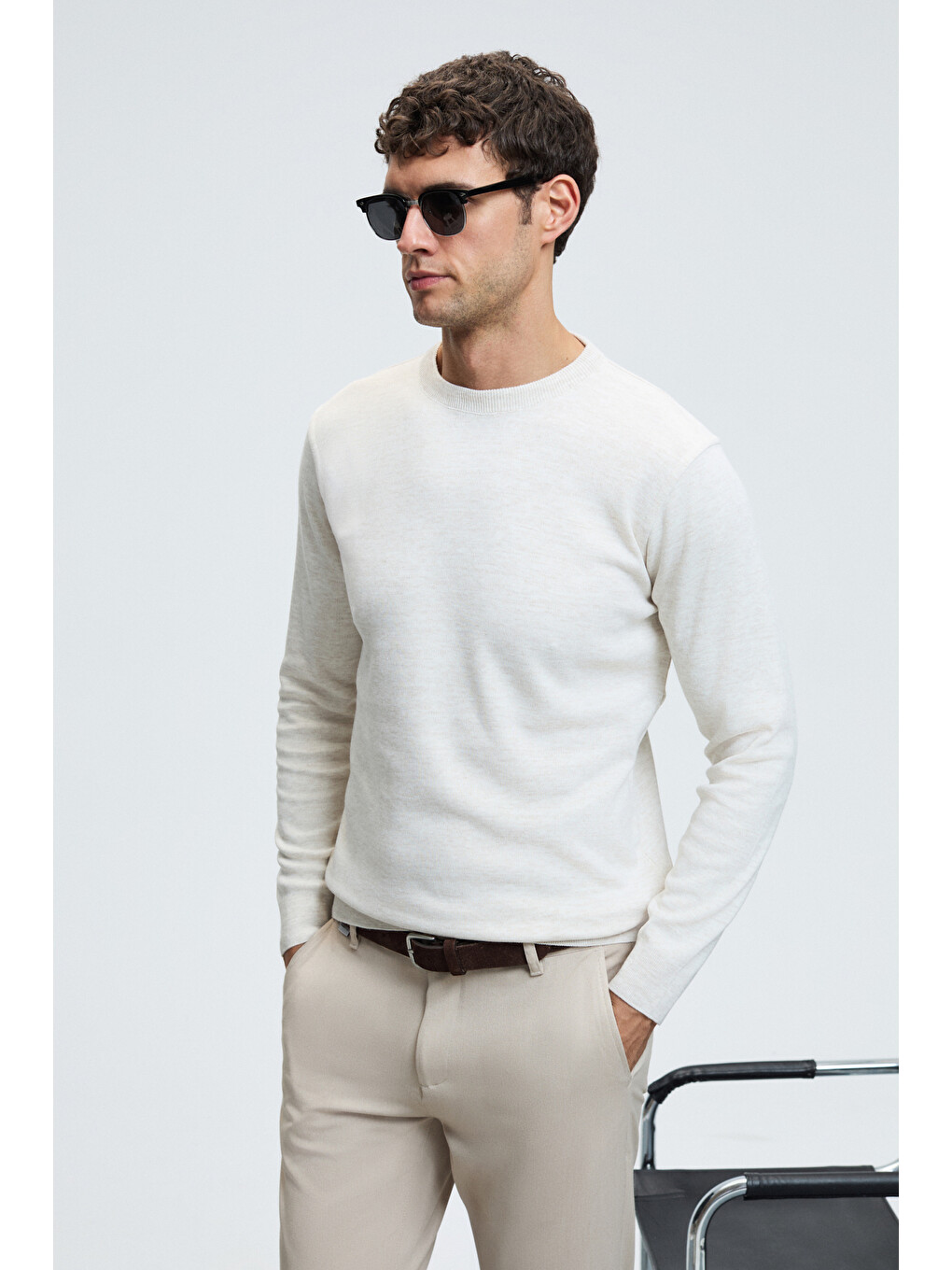 Varex Erkek Yuvarlak Yaka Basic Slim Fit Triko Ekru Kazak-2