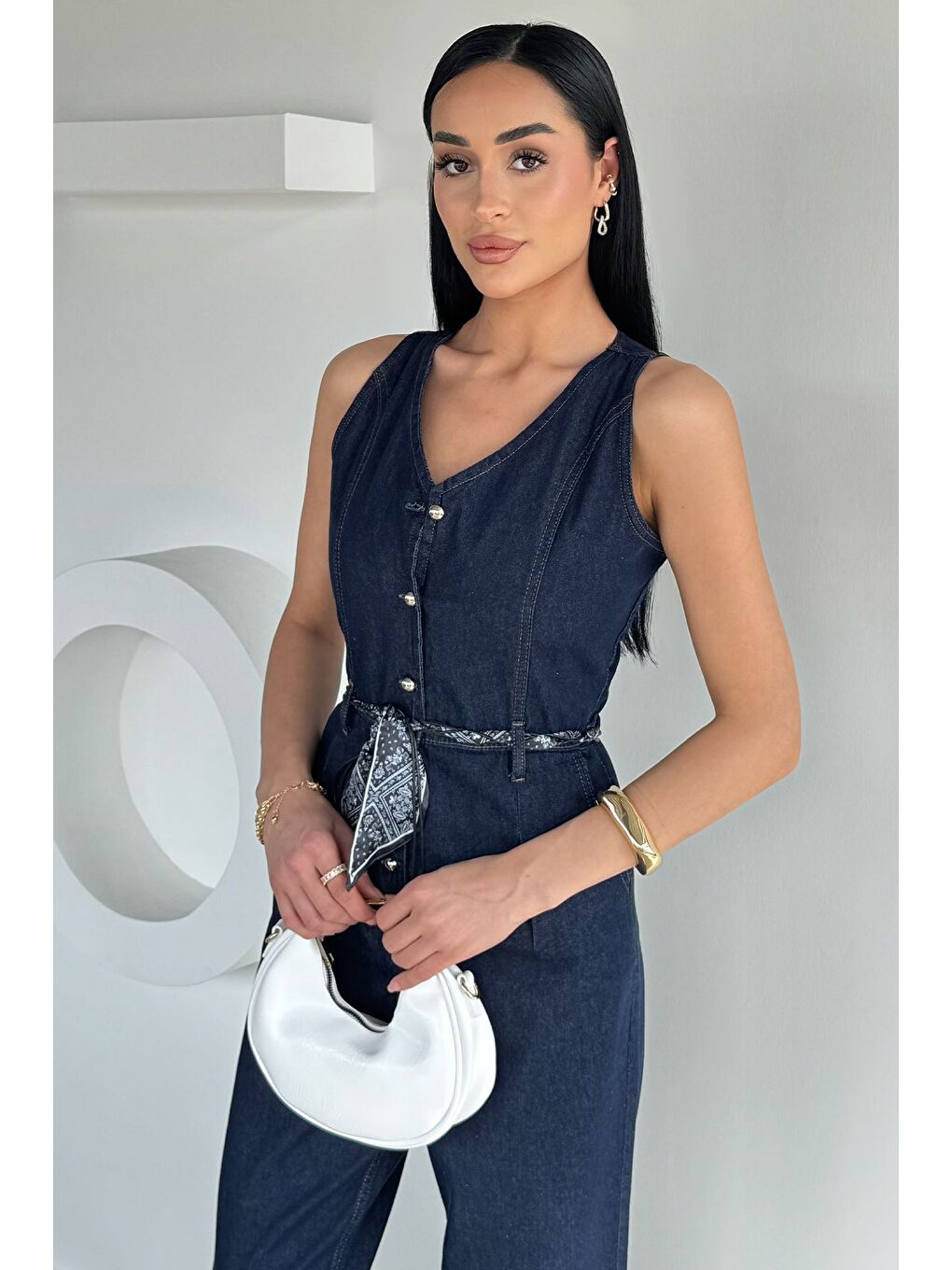 Lacivert Kadın Ön Düğmeli Fular Aksesuarlı Jean Tulum-5