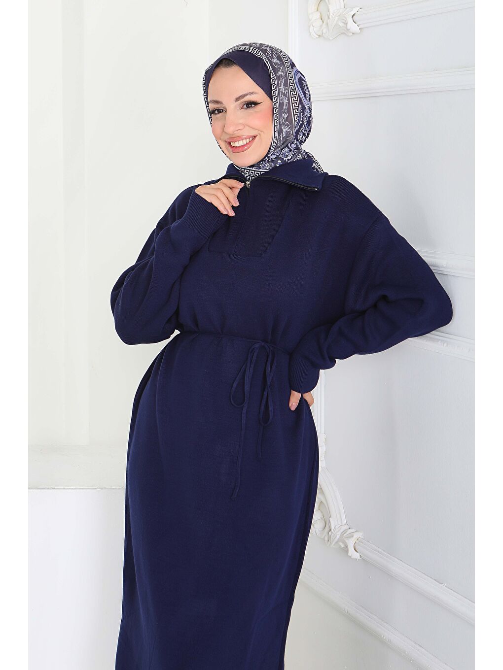 Kamyoncu Yaka Triko Elbise Lacivert - 27937-LACIVERT-1