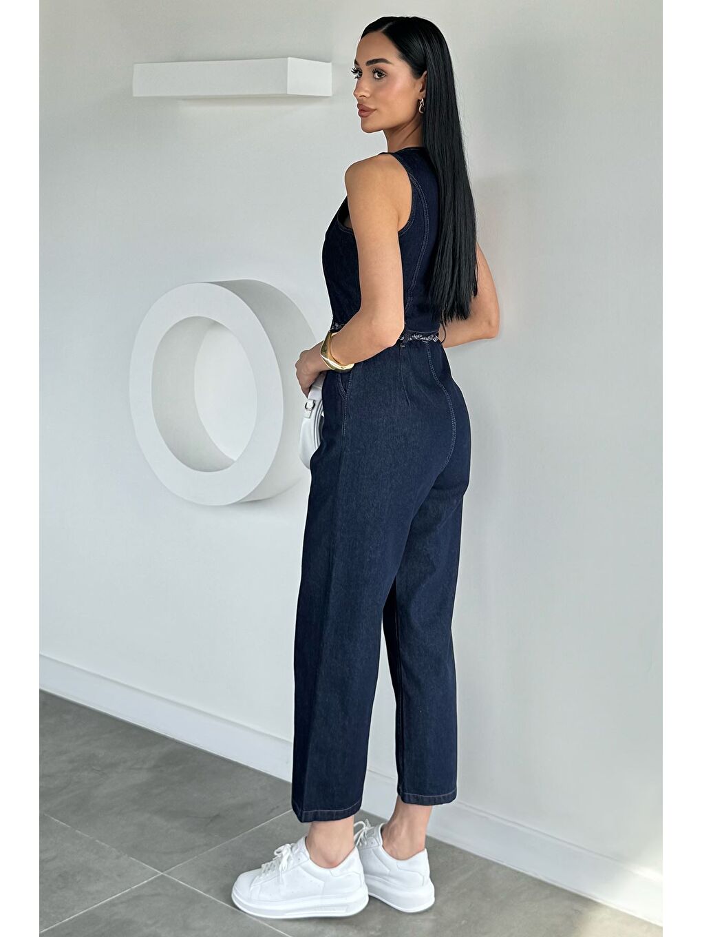 Lacivert Kadın Ön Düğmeli Fular Aksesuarlı Jean Tulum-7