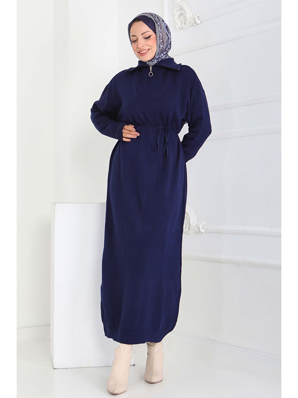 Kamyoncu Yaka Triko Elbise Lacivert - 27937-LACIVERT-2