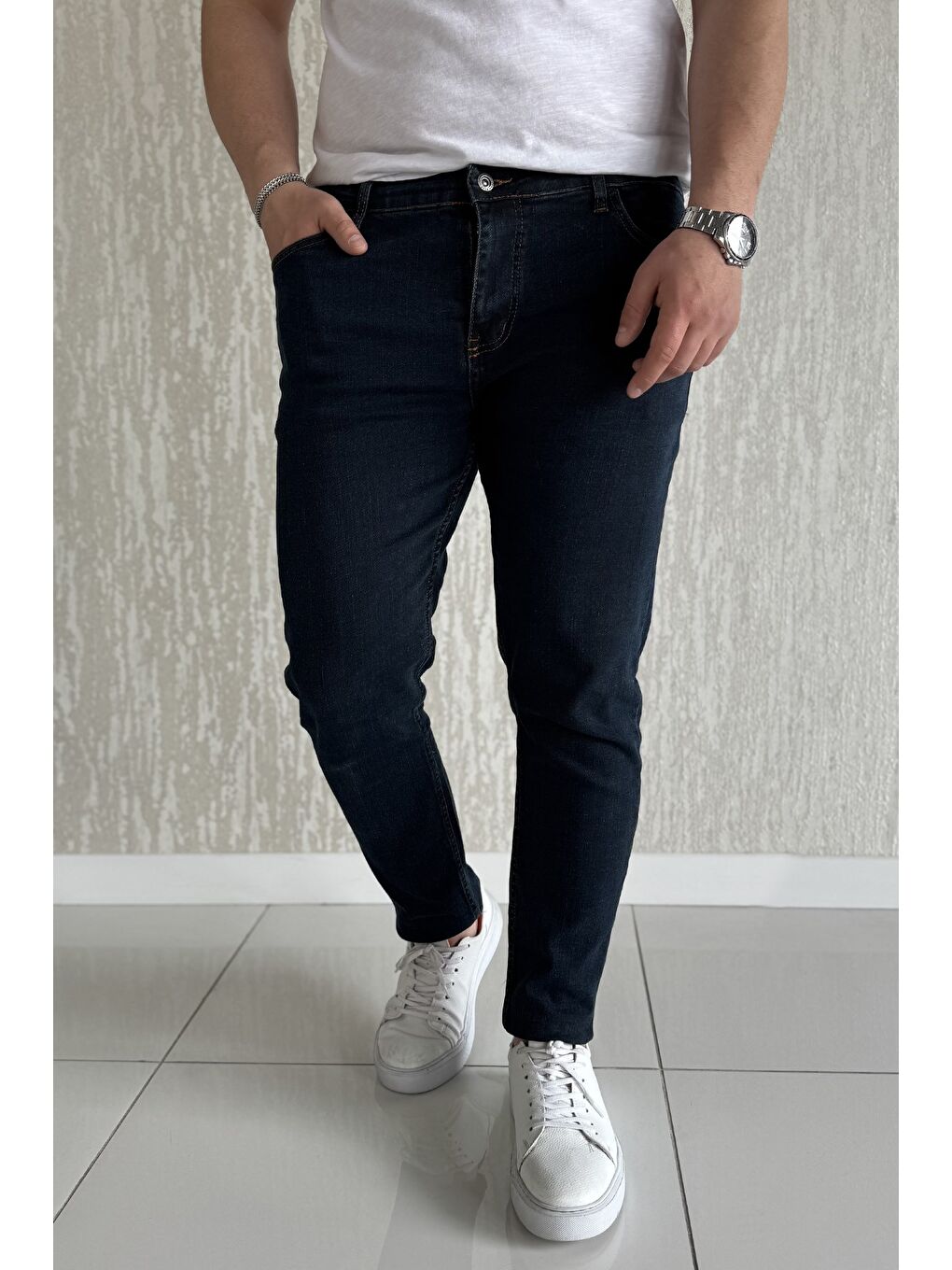 Lacivert Fermuarlı Erkek Slim Fit Jean Pantolon