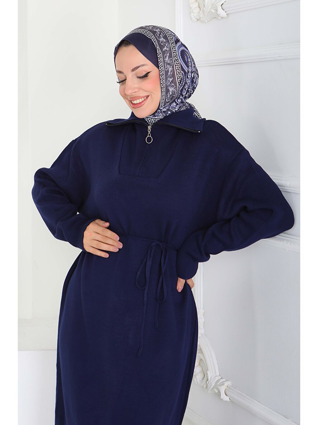 Kamyoncu Yaka Triko Elbise Lacivert - 27937-LACIVERT-3