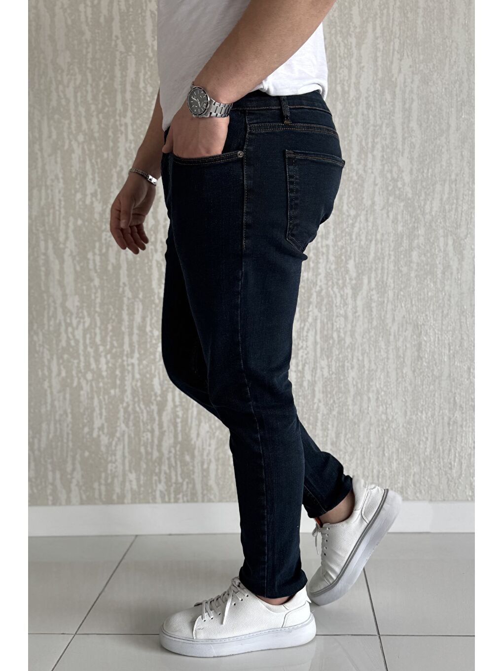 Lacivert Fermuarlı Erkek Slim Fit Jean Pantolon-1