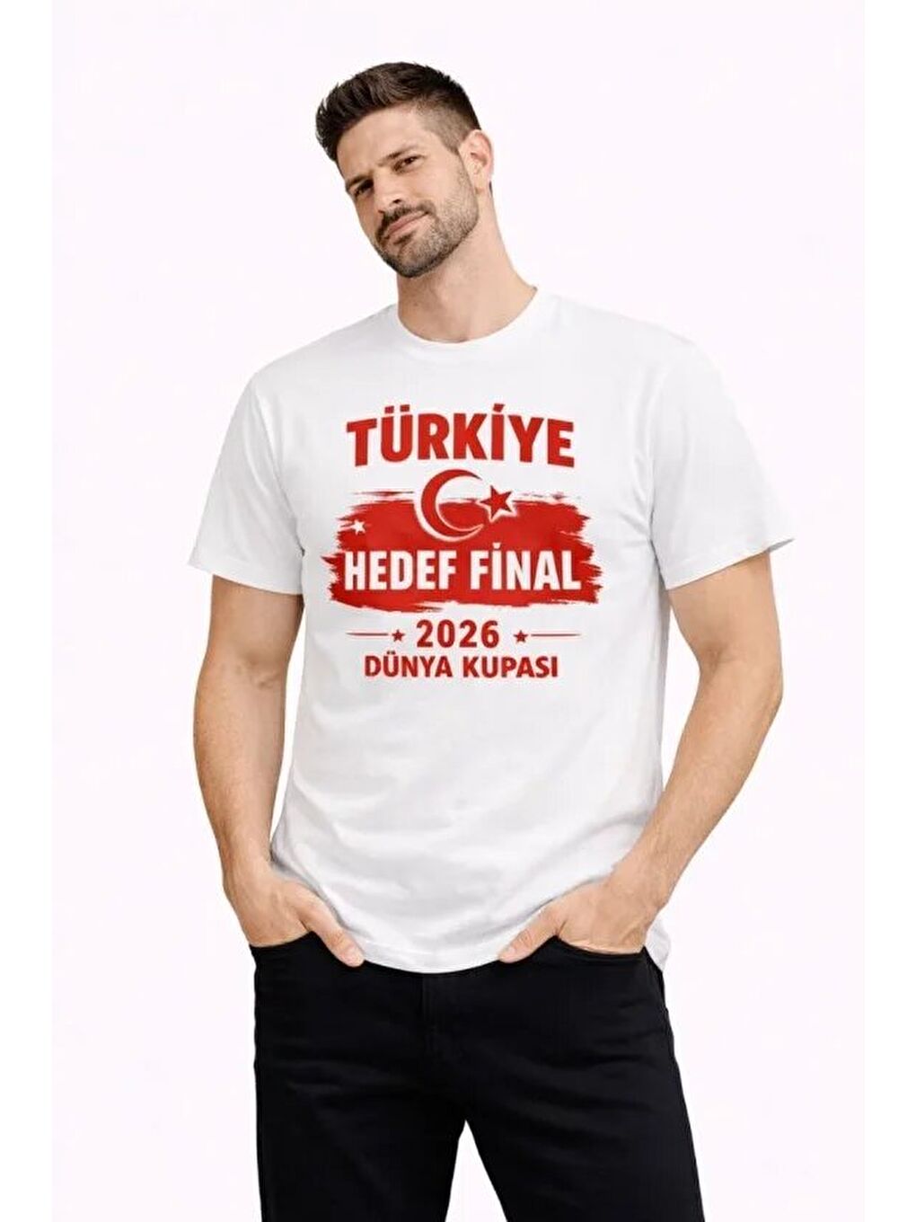 Beyaz Erkek Baskılı Tişört Ay Yıldız 2026 Dünya Kupası Taraftar Forma Tişört