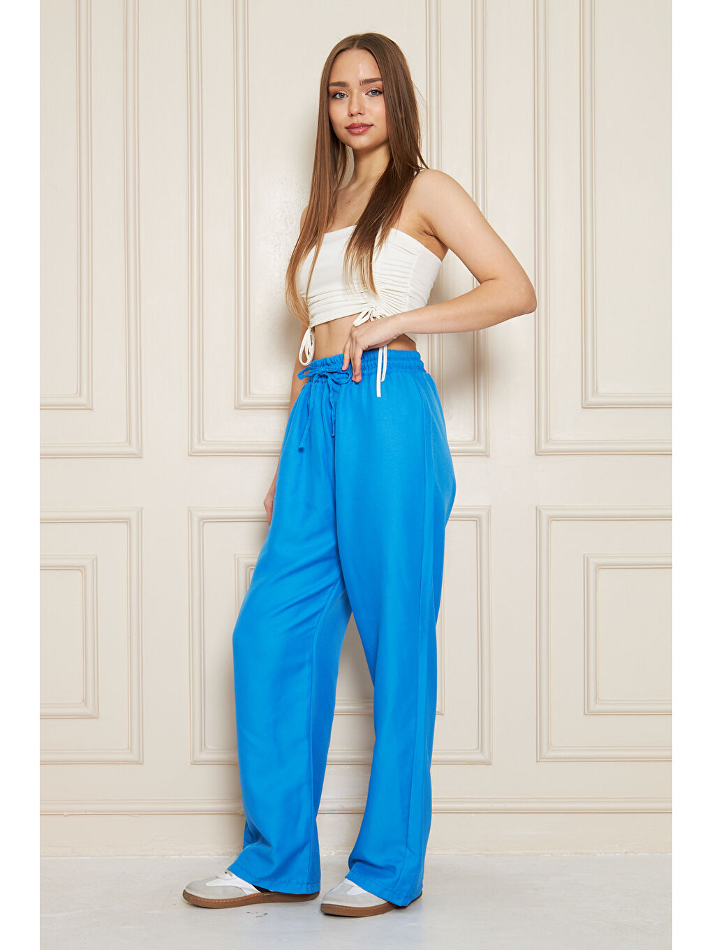 Kadın Trend Yüksek Bel Lastikli Mavi Bol Pantolon-1