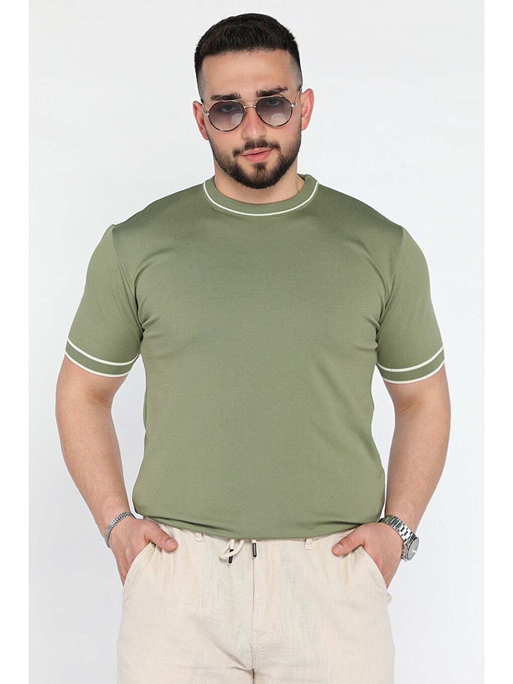 Haki Bisiklet Yaka Erkek Triko Tişört