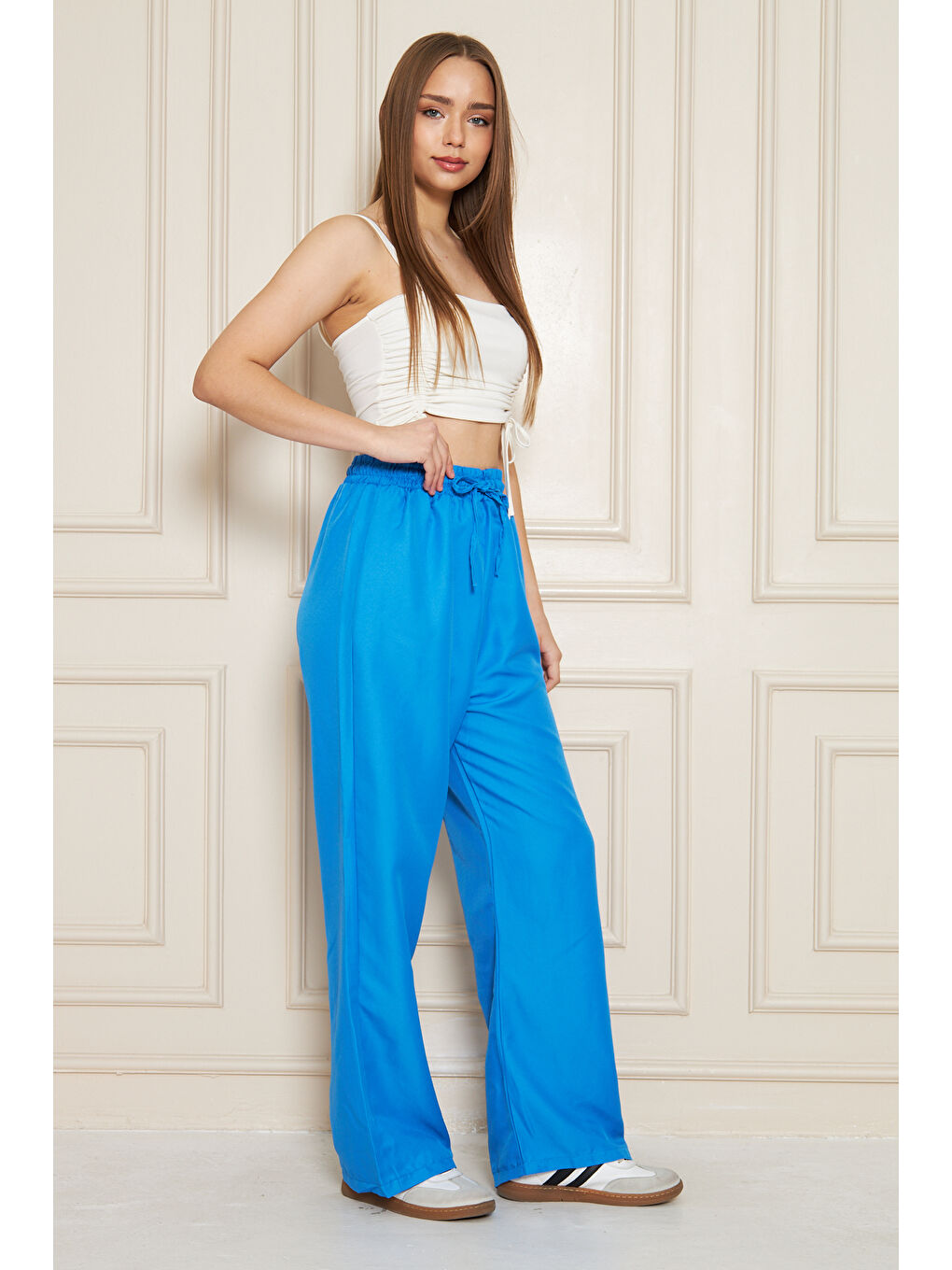 Kadın Trend Yüksek Bel Lastikli Mavi Bol Pantolon-2