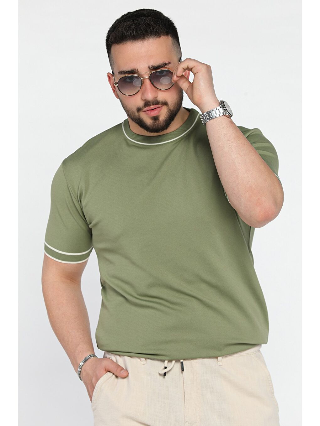 Haki Bisiklet Yaka Erkek Triko Tişört-1