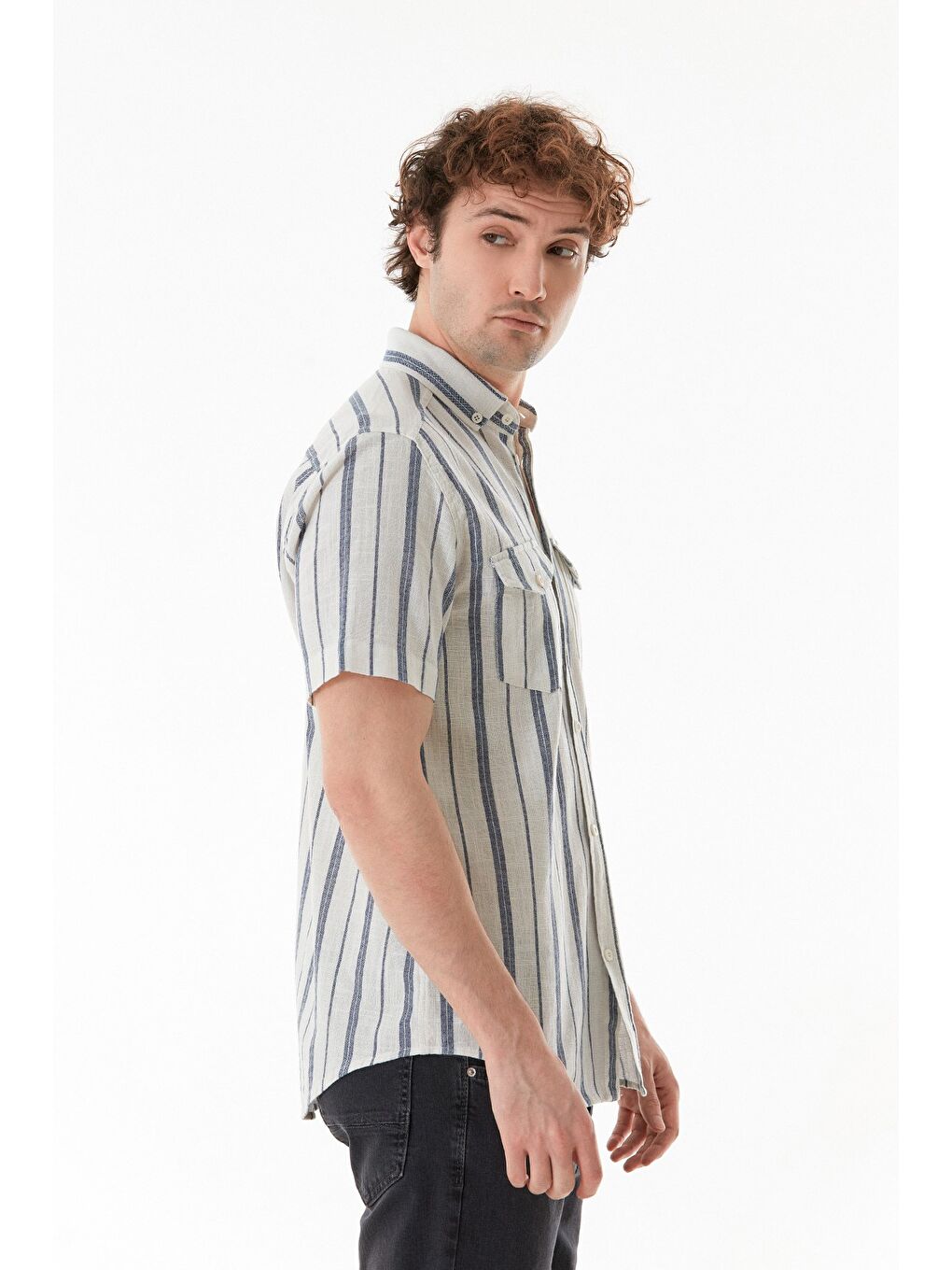 Lacivert Çizgili Çift Cepli Düğmeli Gömlek-2