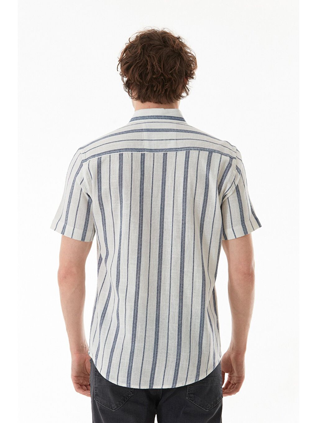 Lacivert Çizgili Çift Cepli Düğmeli Gömlek-3