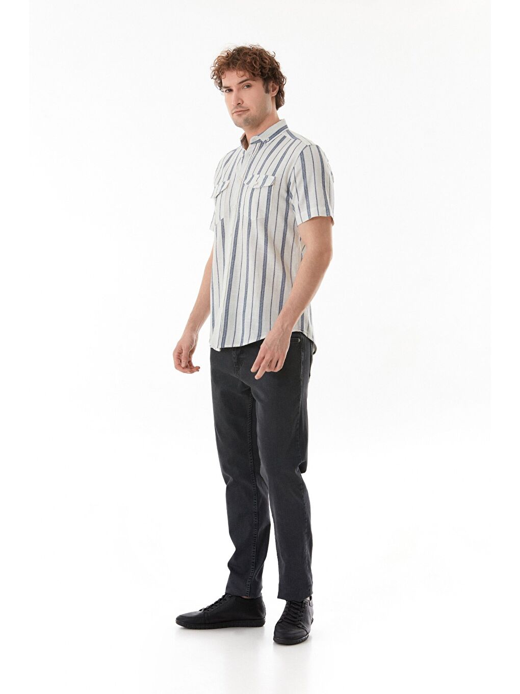 Lacivert Çizgili Çift Cepli Düğmeli Gömlek-4