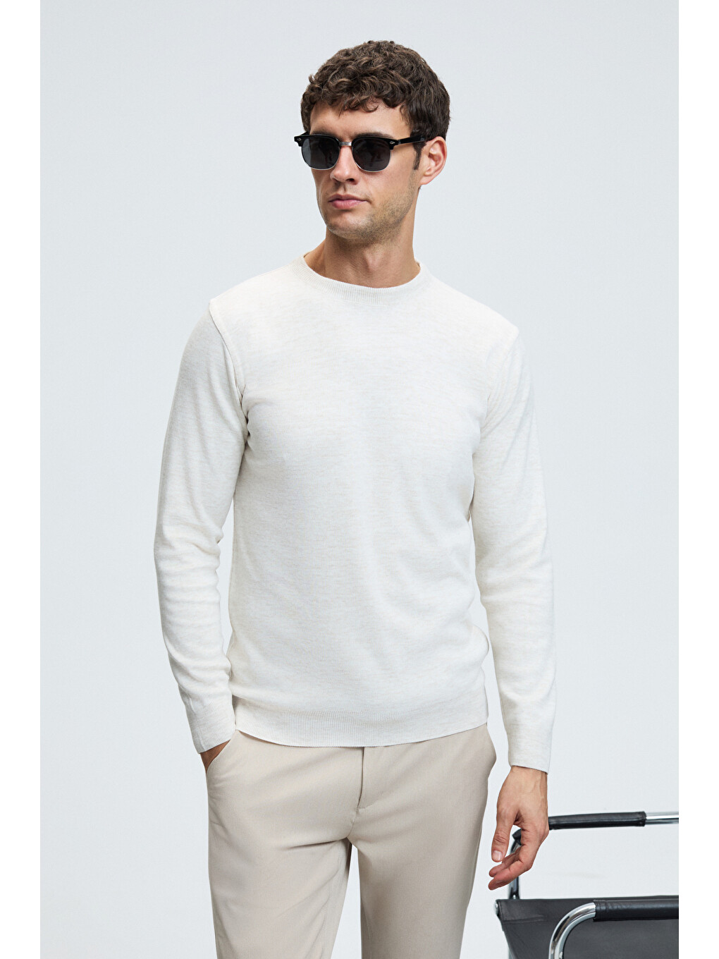 Varex Erkek Yuvarlak Yaka Basic Slim Fit Triko Ekru Kazak-3