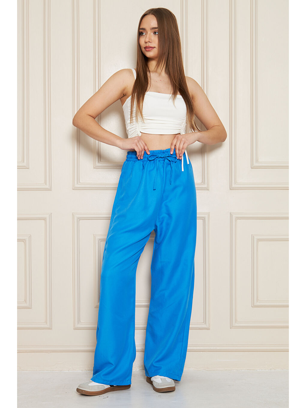 Kadın Trend Yüksek Bel Lastikli Mavi Bol Pantolon-5