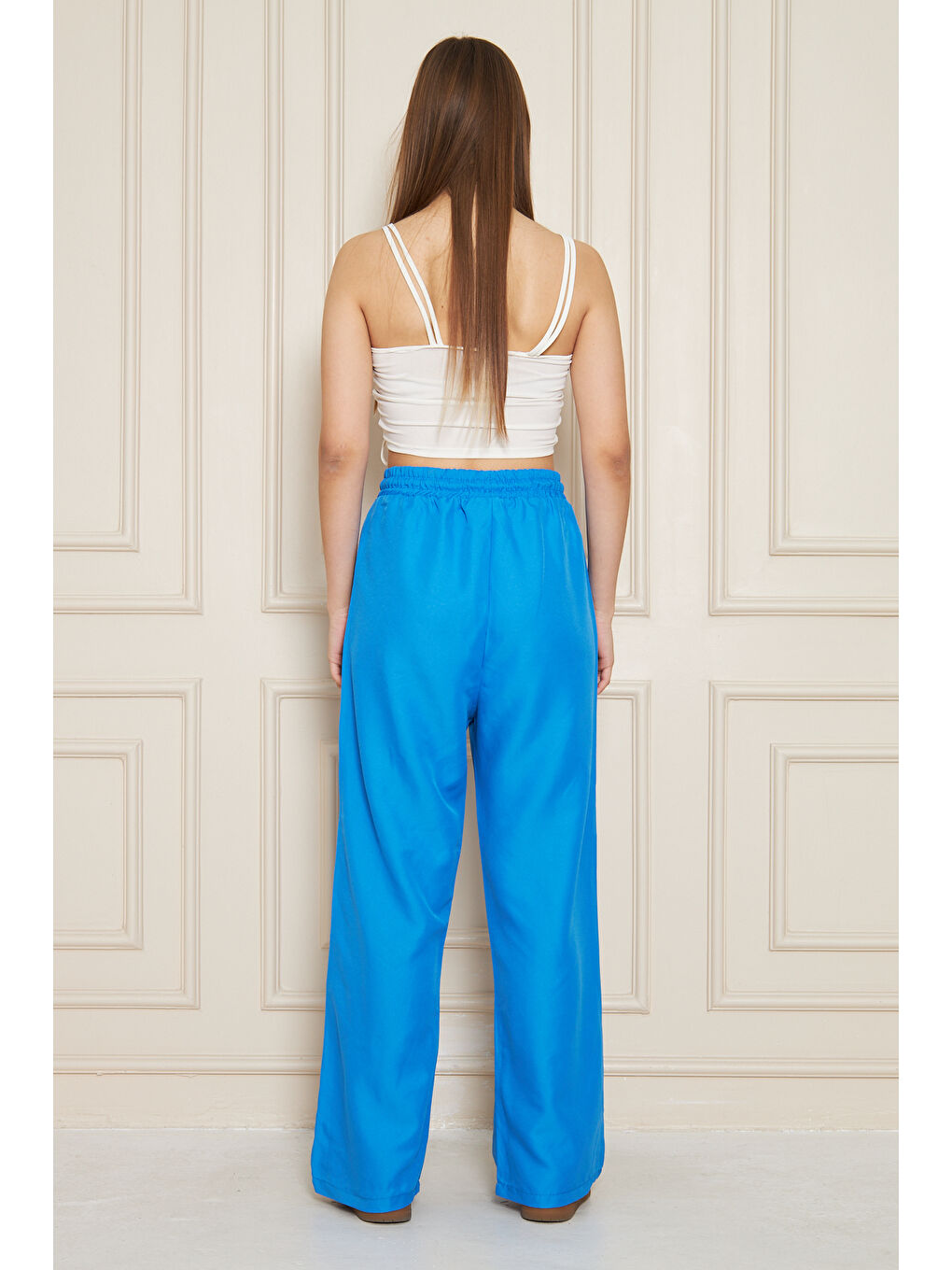 Kadın Trend Yüksek Bel Lastikli Mavi Bol Pantolon-6