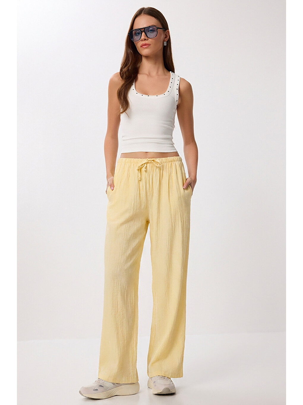 Sarı Cepli Geniş Paça Yazlık Pantolon SARI LUB0343-1