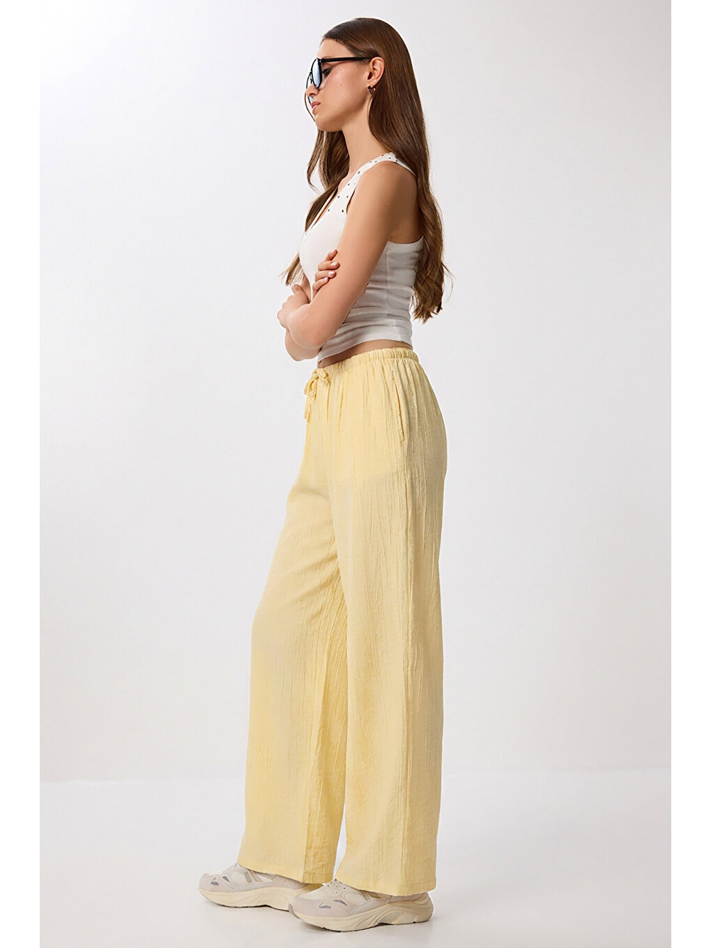 Sarı Cepli Geniş Paça Yazlık Pantolon SARI LUB0343-2