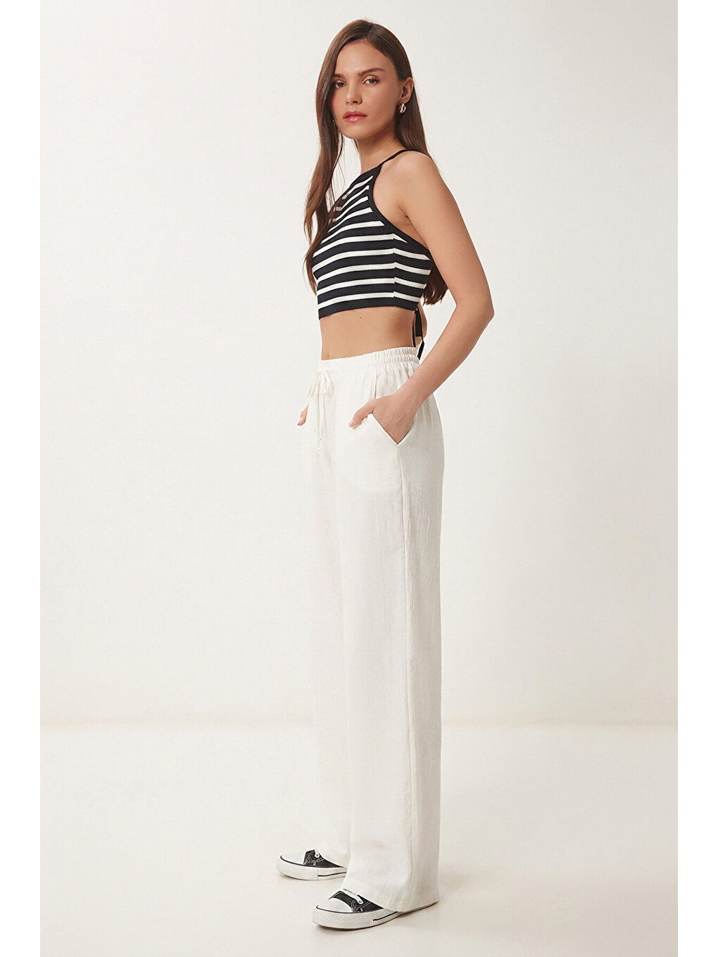 Beyaz Cepli Geniş Paça Yazlık Pantolon BEYAZ LUB0343-2