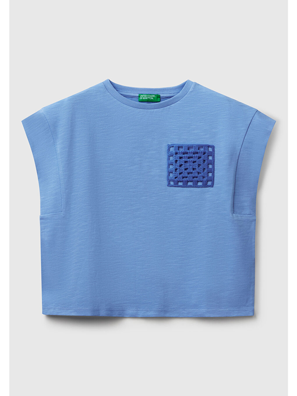 Kız Çocuk Mavi Önü Makrome İşlemeli Arkası Logo Baskılı T-Shirt