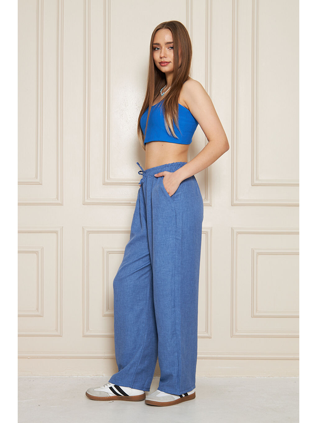 Kadın Trend Yüksek Bel Lastikli İndigo Bol Pantolon-1