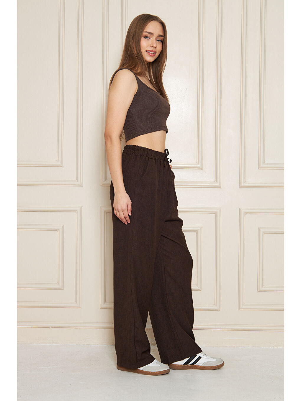 Kahverengi Kadın Trend Yüksek Bel Lastikli Kahve Bol Pantolon-2