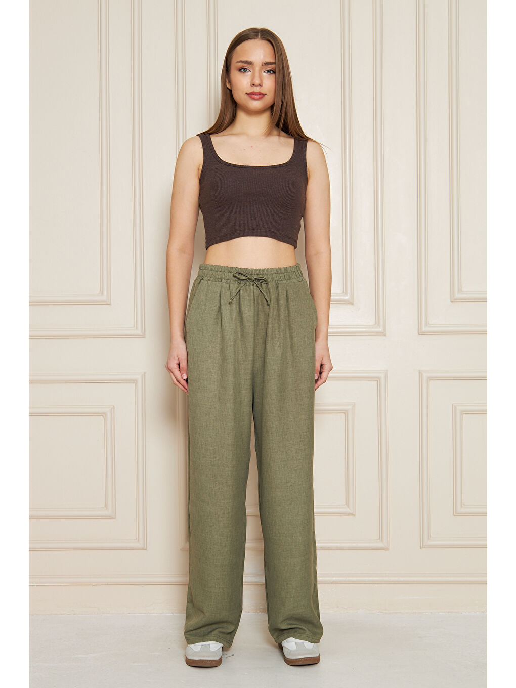 Kadın Trend Yüksek Bel Lastikli Haki Bol Pantolon