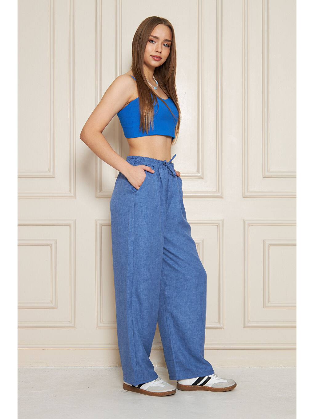 Kadın Trend Yüksek Bel Lastikli İndigo Bol Pantolon-2