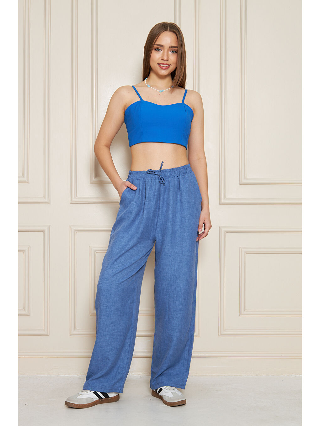 Kadın Trend Yüksek Bel Lastikli İndigo Bol Pantolon-3