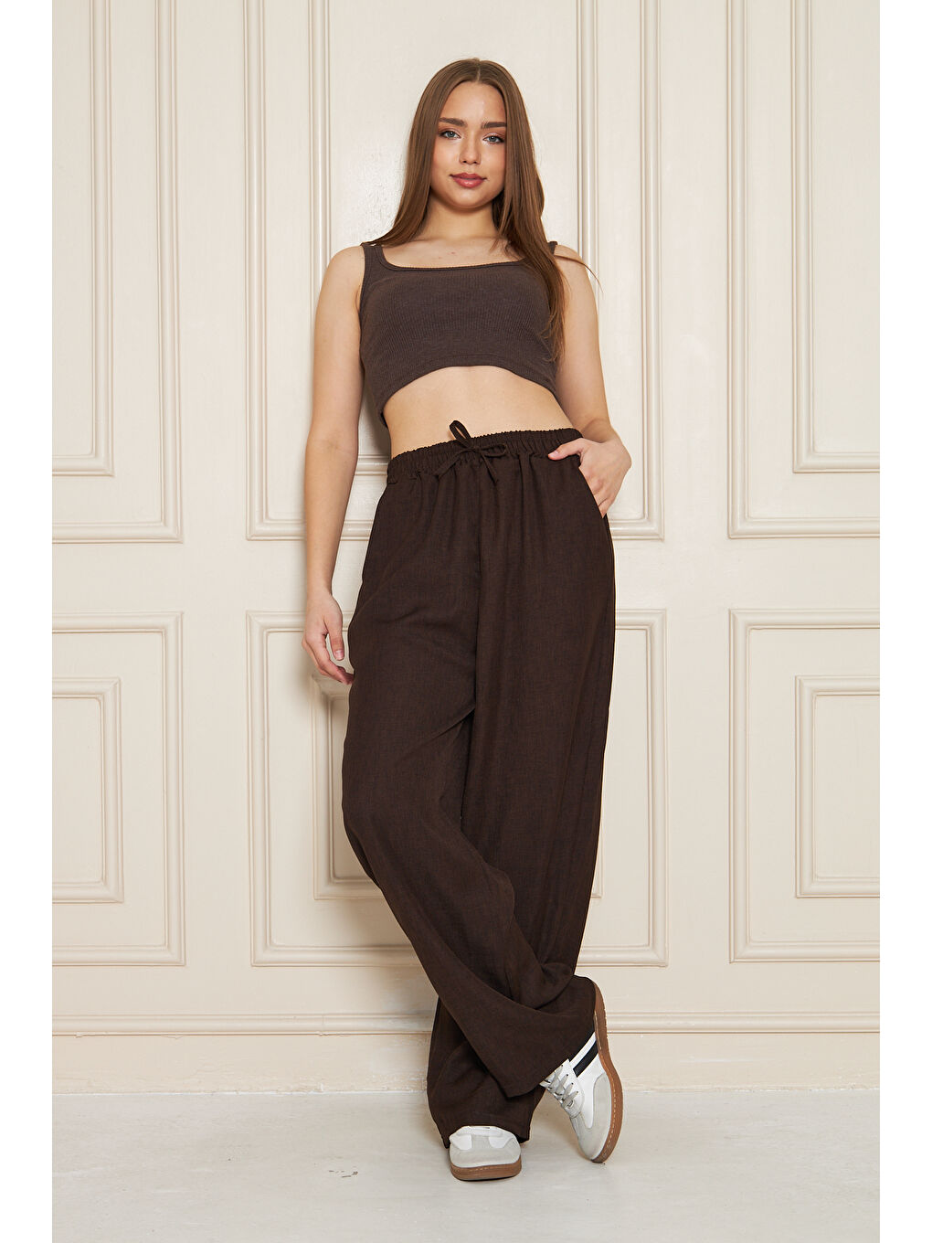 Kahverengi Kadın Trend Yüksek Bel Lastikli Kahve Bol Pantolon-4