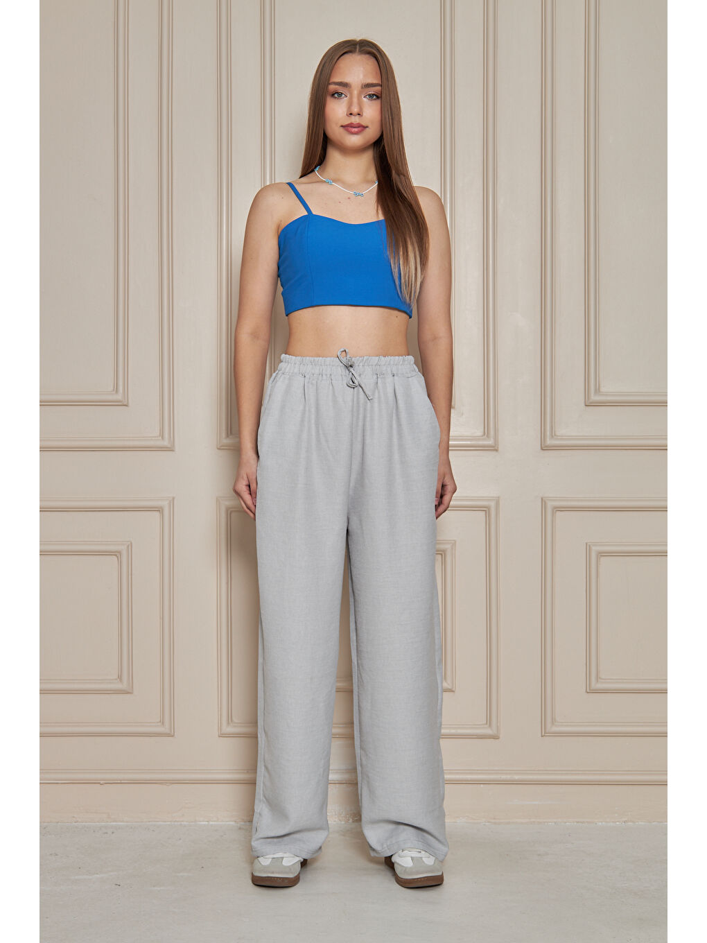 Kadın Trend Yüksek Bel Lastikli Gri Bol Pantolon