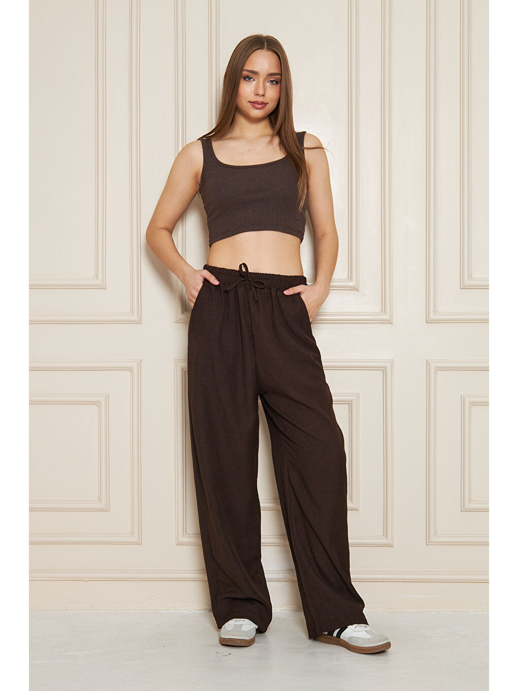 Kahverengi Kadın Trend Yüksek Bel Lastikli Kahve Bol Pantolon-5