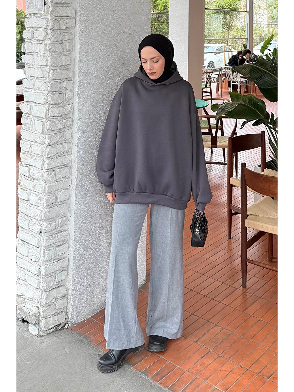 Kapüşonlu Salaş Sweatshirt Antrasit