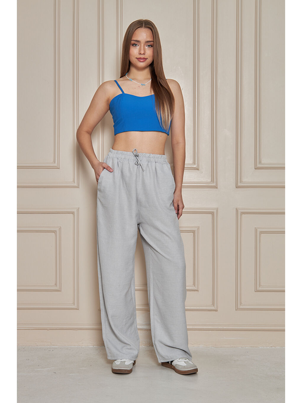 Kadın Trend Yüksek Bel Lastikli Gri Bol Pantolon-1