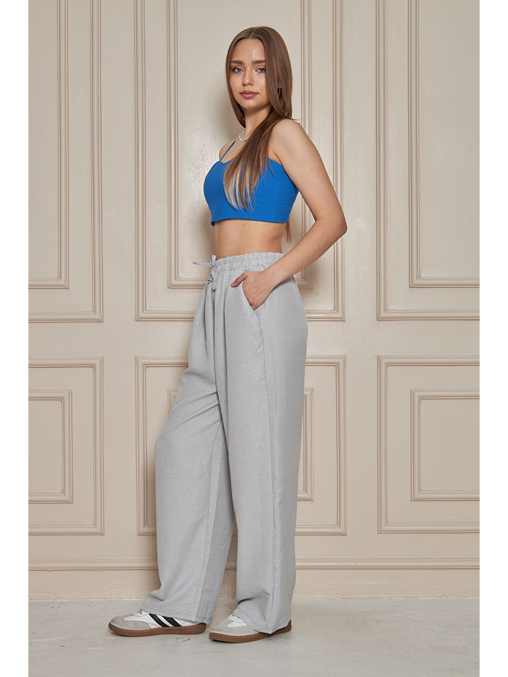 Kadın Trend Yüksek Bel Lastikli Gri Bol Pantolon-2